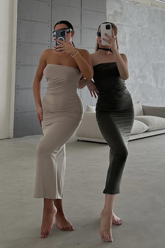 Straplez Drape Julia Elbise Haki