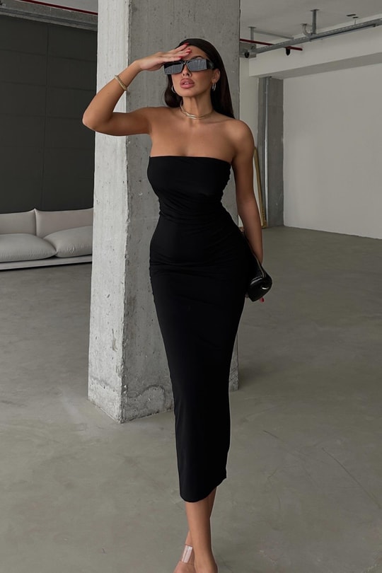 Straplez Drape Julia Elbise Siyah