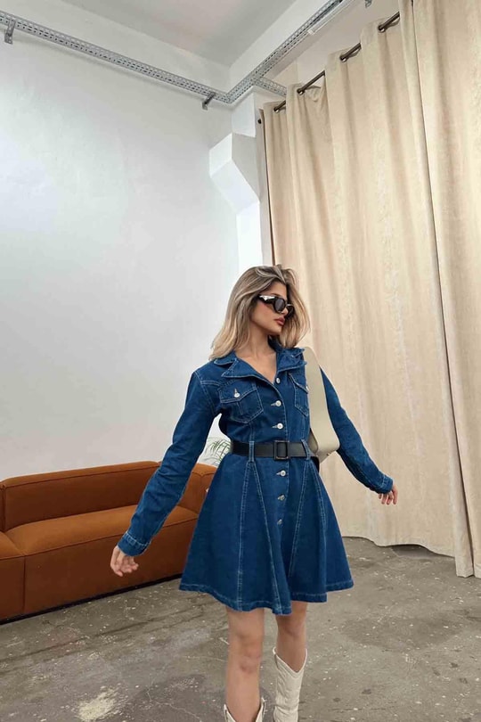 Street Denim Elbise Lacivert