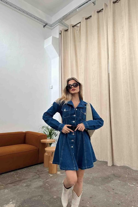 Street Denim Elbise Lacivert