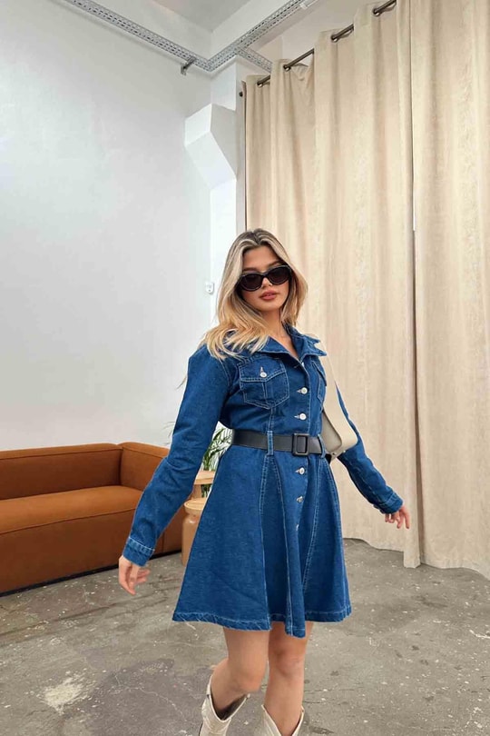 Street Denim Elbise Lacivert