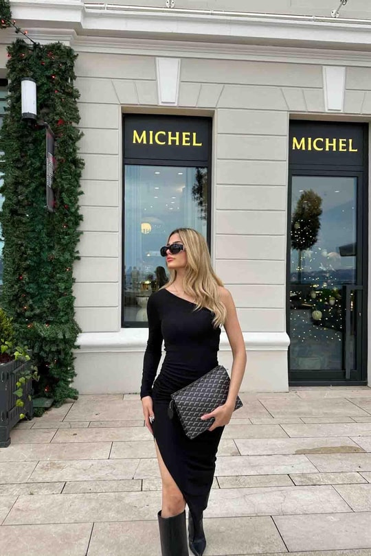 Tek Kol Simli Midi Elbise Siyah