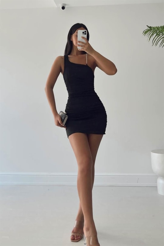 Tek Omuz Simli Yolanthe Elbise Siyah