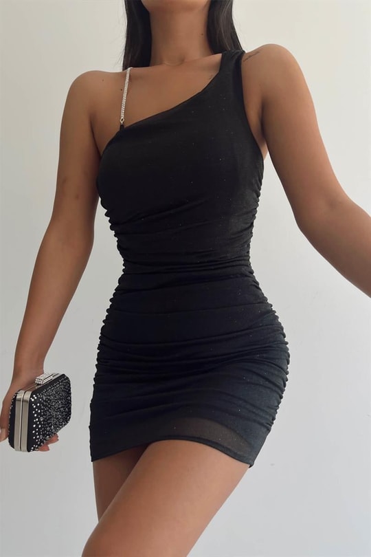 Tek Omuz Simli Yolanthe Elbise Siyah