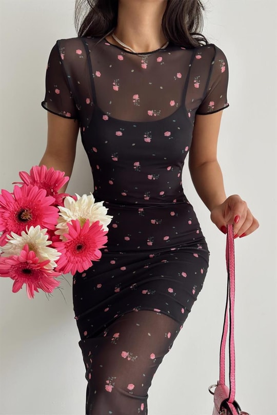 Transparan Rose Elbise Siyah