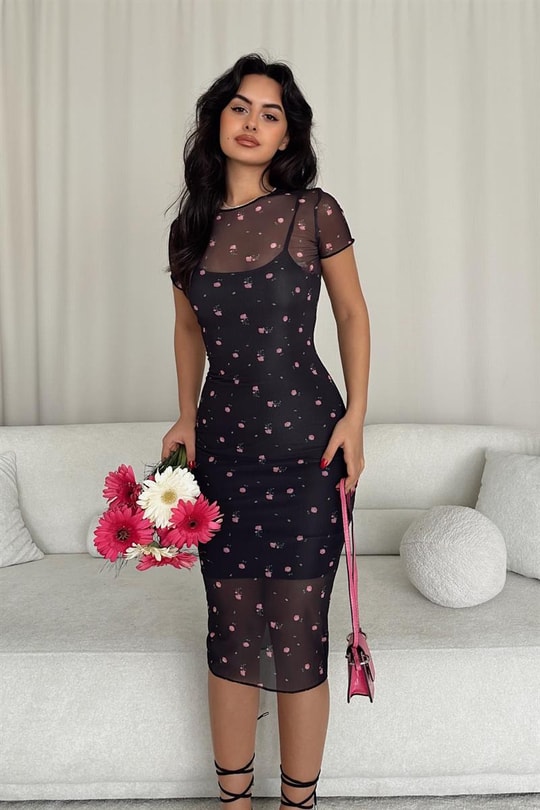 Transparan Rose Elbise Siyah