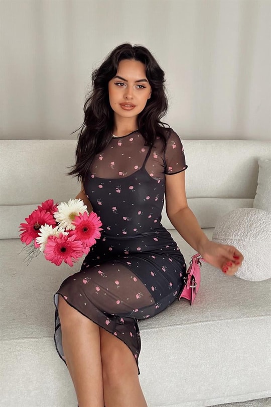 Transparan Rose Elbise Siyah