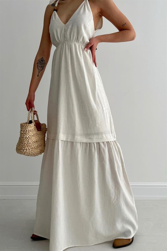V Yaka Alicia Keten Elbise Krem