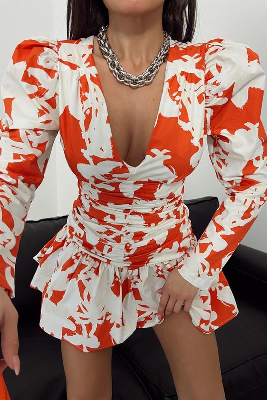 V Yaka Flower Bürümcük Elbise Oranj