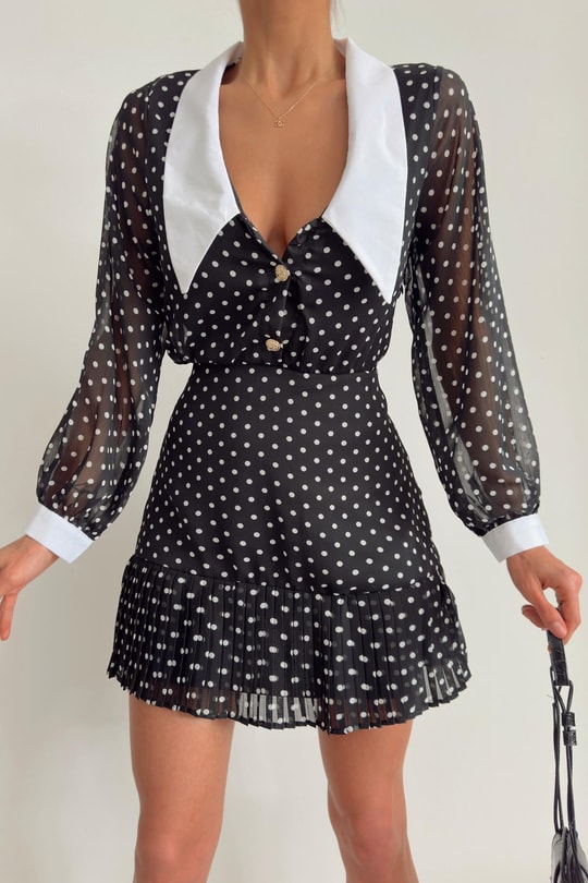 Vintage Puantiye Elbise Siyah
