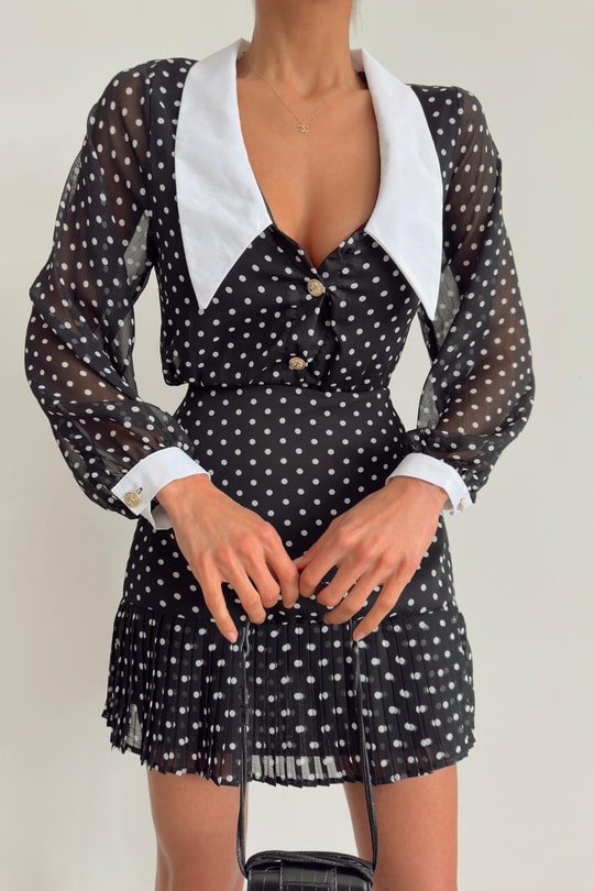 Vintage Puantiye Elbise Siyah