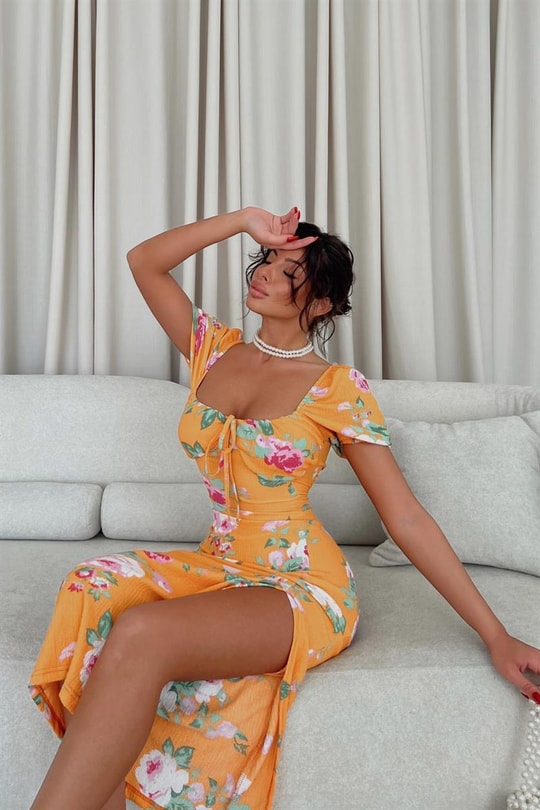 Violetta Yırtmaçlı Elbise Oranj