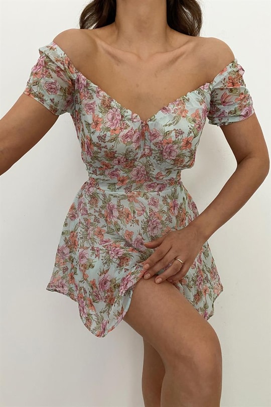 Volanlı Blossom Elbise Su Yeşili
