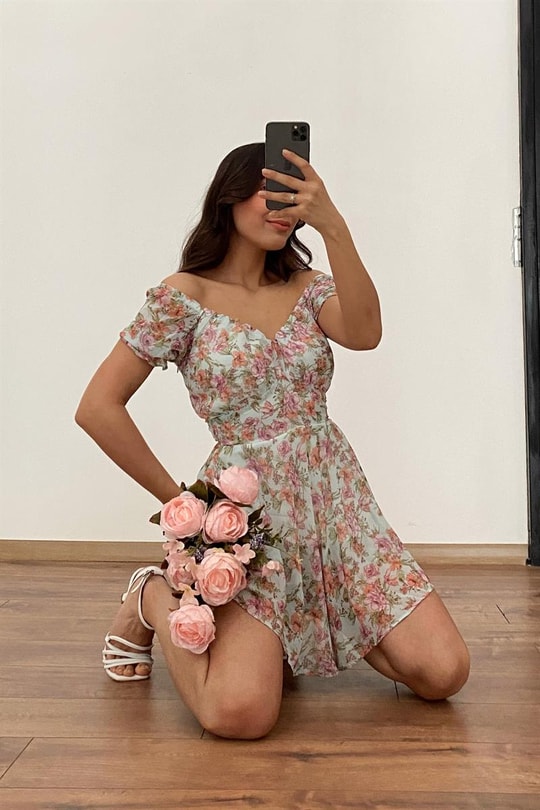 Volanlı Blossom Elbise Su Yeşili