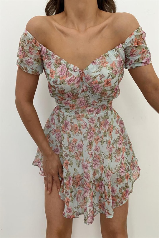 Volanlı Blossom Elbise Su Yeşili