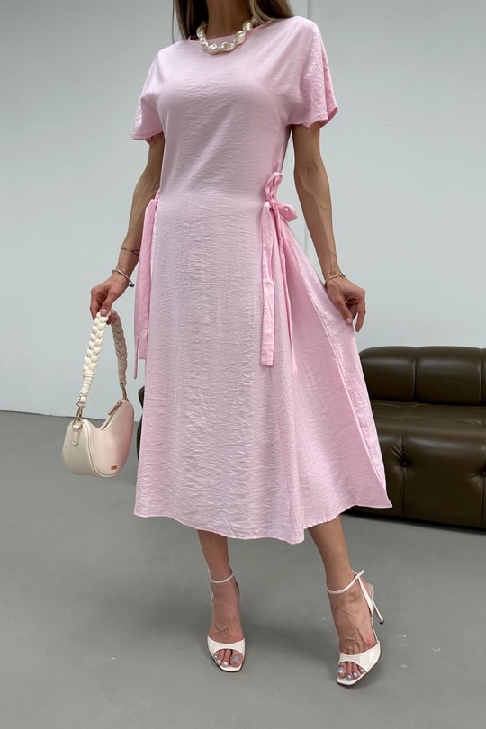 Yanları Fiyonklu Elbise Pembe