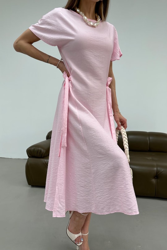 Yanları Fiyonklu Elbise Pembe