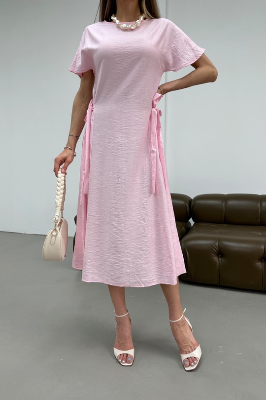 Yanları Fiyonklu Elbise Pembe
