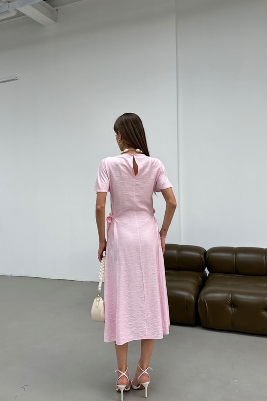 Yanları Fiyonklu Elbise Pembe