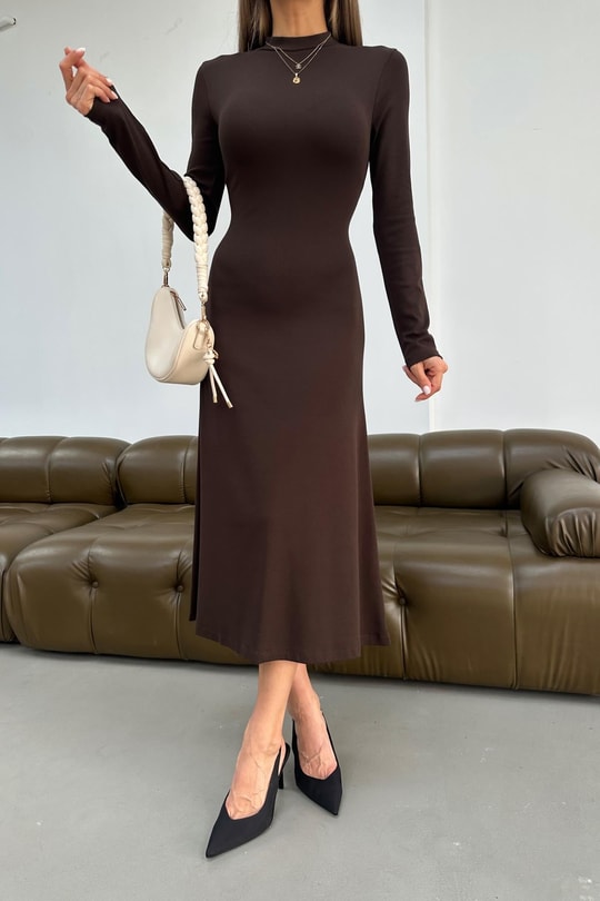 Yarım Balıkçı Modal Elbise Kahve