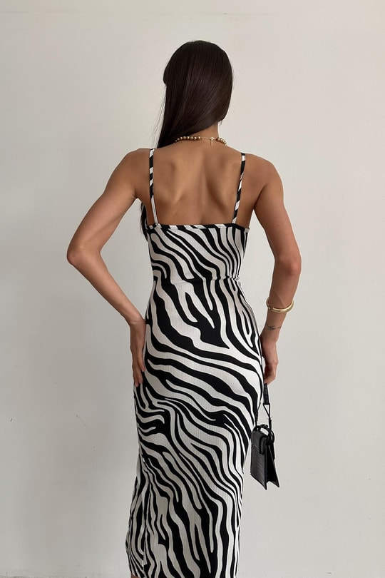 Zebra Desen Askılı Elbise Siyah-Beyaz