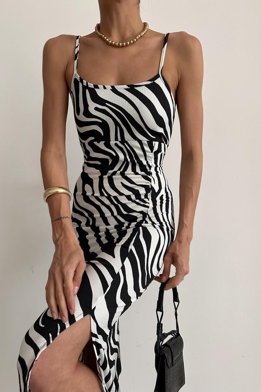 Zebra Desen Askılı Elbise Siyah-Beyaz
