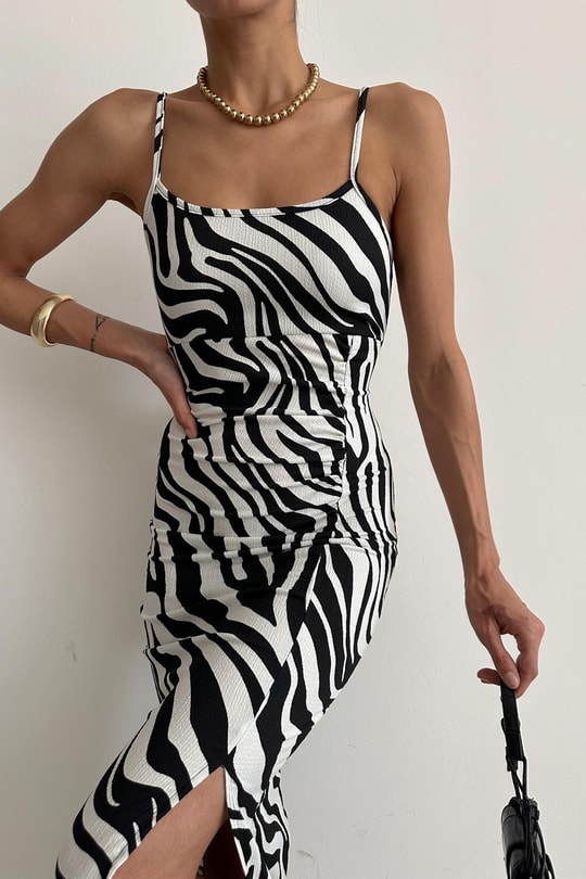 Zebra Desen Askılı Elbise Siyah-Beyaz