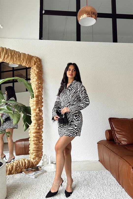 Zebra Desen Saten Elbise Siyah