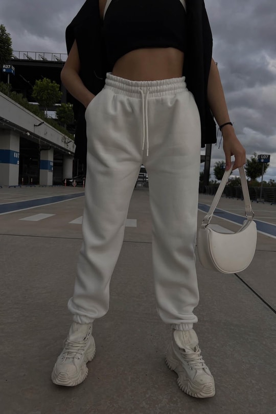Elastik Belli Jogger Eşofman Altı Beyaz