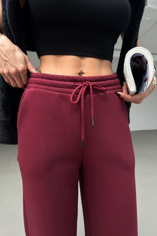 Şardonlu Eşofman Altı Bordo