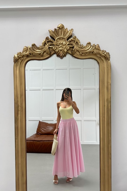 Astarlı Beli Lastik  Etek Pembe
