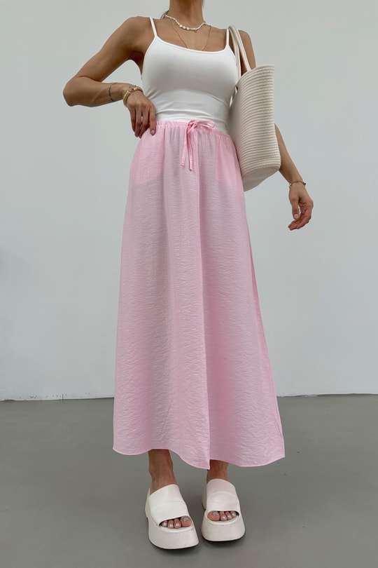 Bağcık Detay Dokulu Etek Pembe