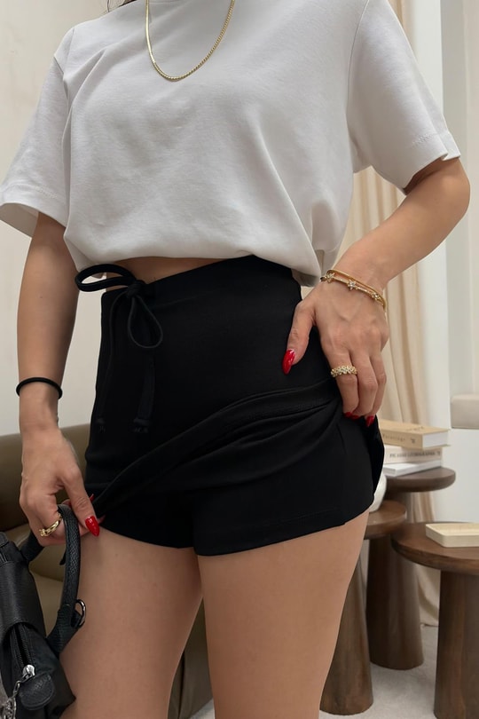 Bağcıklı Mini Şort Etek Siyah