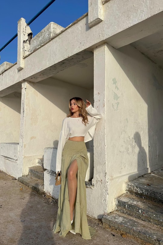Bel Gipeli Yırtmaçlı Brode Etek Haki