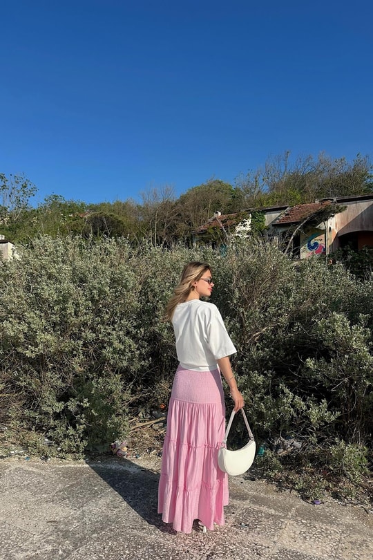 Bel Gipeli Yırtmaçlı Etek Pembe