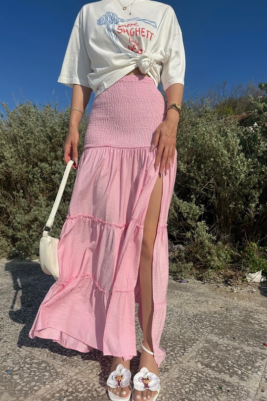 Bel Gipeli Yırtmaçlı Etek Pembe