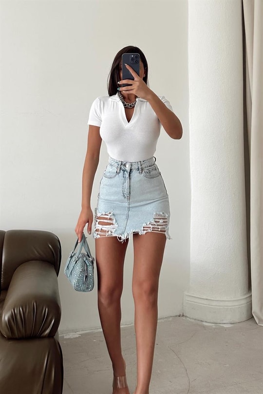 Çok Yırtıklı Denim Etek Buz Mavi