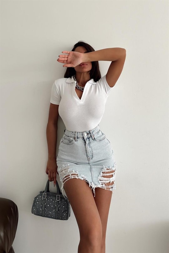 Çok Yırtıklı Denim Etek Buz Mavi