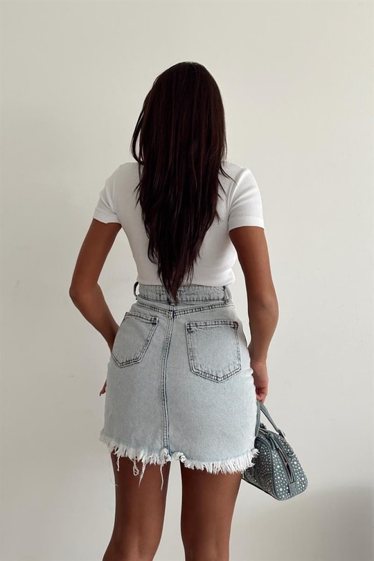 Çok Yırtıklı Denim Etek Buz Mavi