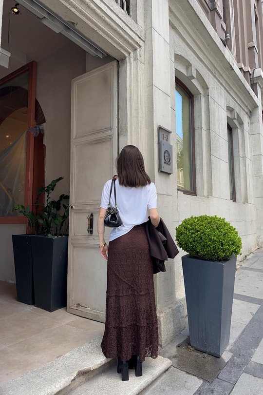 Dantel Astarlı Midi Etek Acı Kahve
