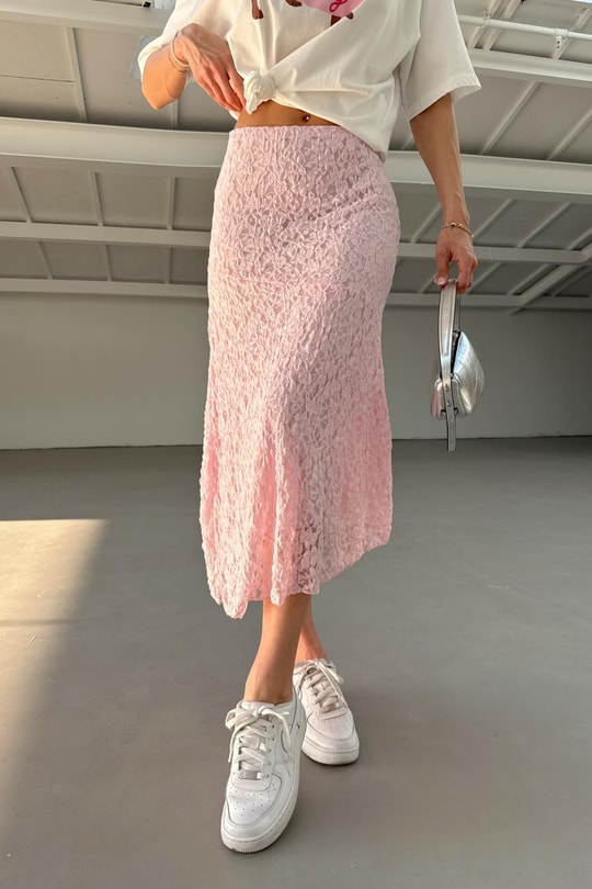 Dantel Astarlı Midi Etek Pembe