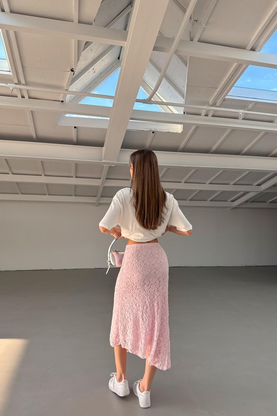 Dantel Astarlı Midi Etek Pembe
