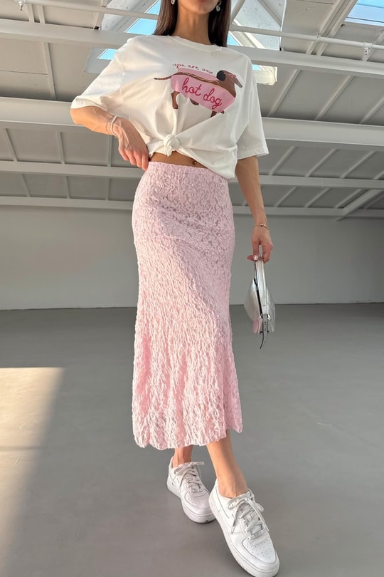 Dantel Astarlı Midi Etek Pembe