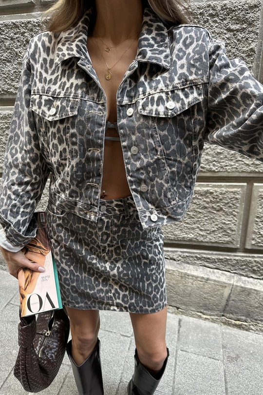 Denim Leopar Etek Vizon