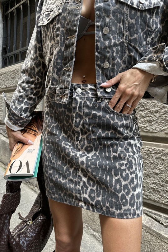 Denim Leopar Etek Vizon