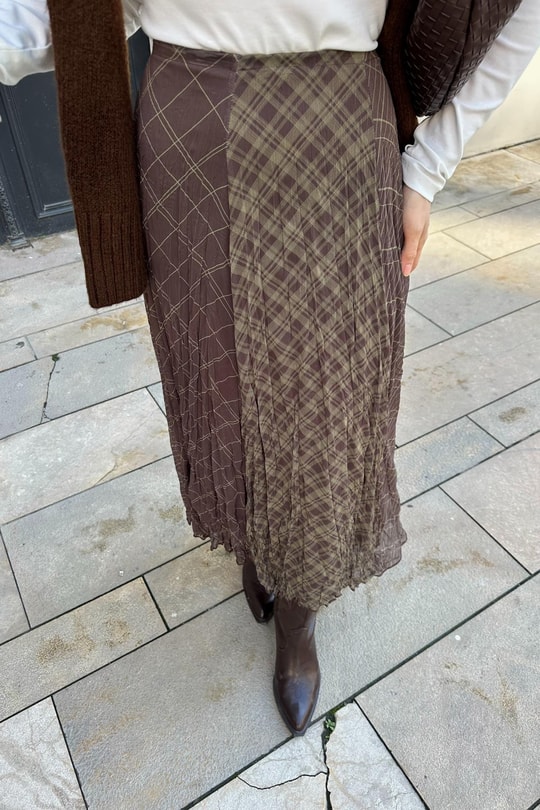 Desenli Astarlı Tül Etek Kahve