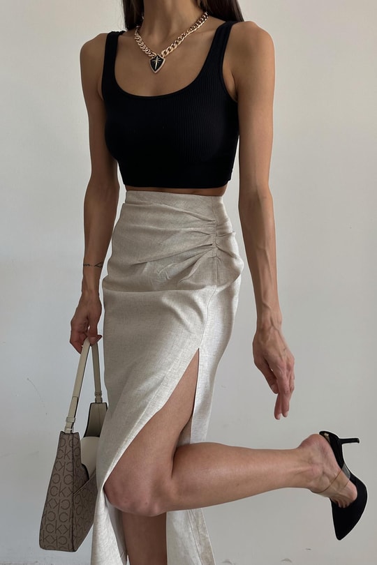 Drape Detay Yırtmaçlı Keten Etek Taş