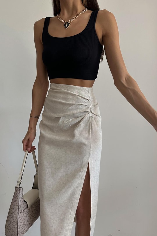 Drape Detay Yırtmaçlı Keten Etek Taş