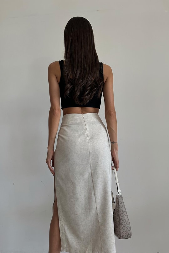 Drape Detay Yırtmaçlı Keten Etek Taş