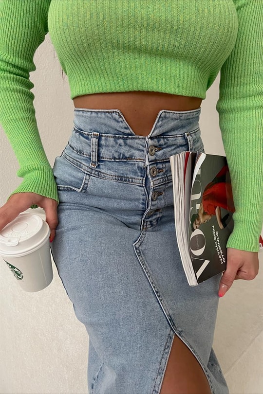 Düğme Detay Yırtmaçlı Denim Etek Mavi